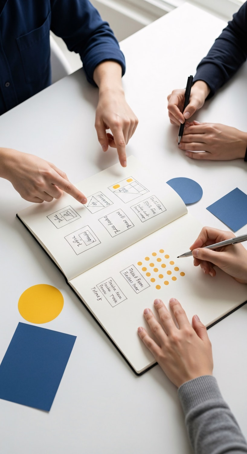 Three people sketching ideas together at a white table