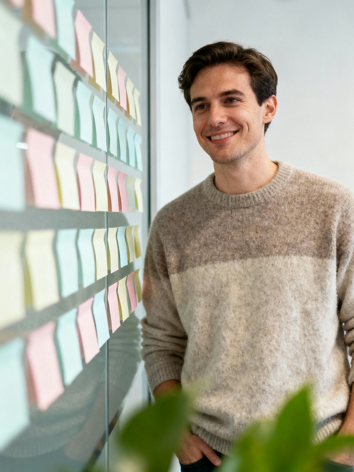 Colourful sticky notes arranged on a glass wall during a workshop