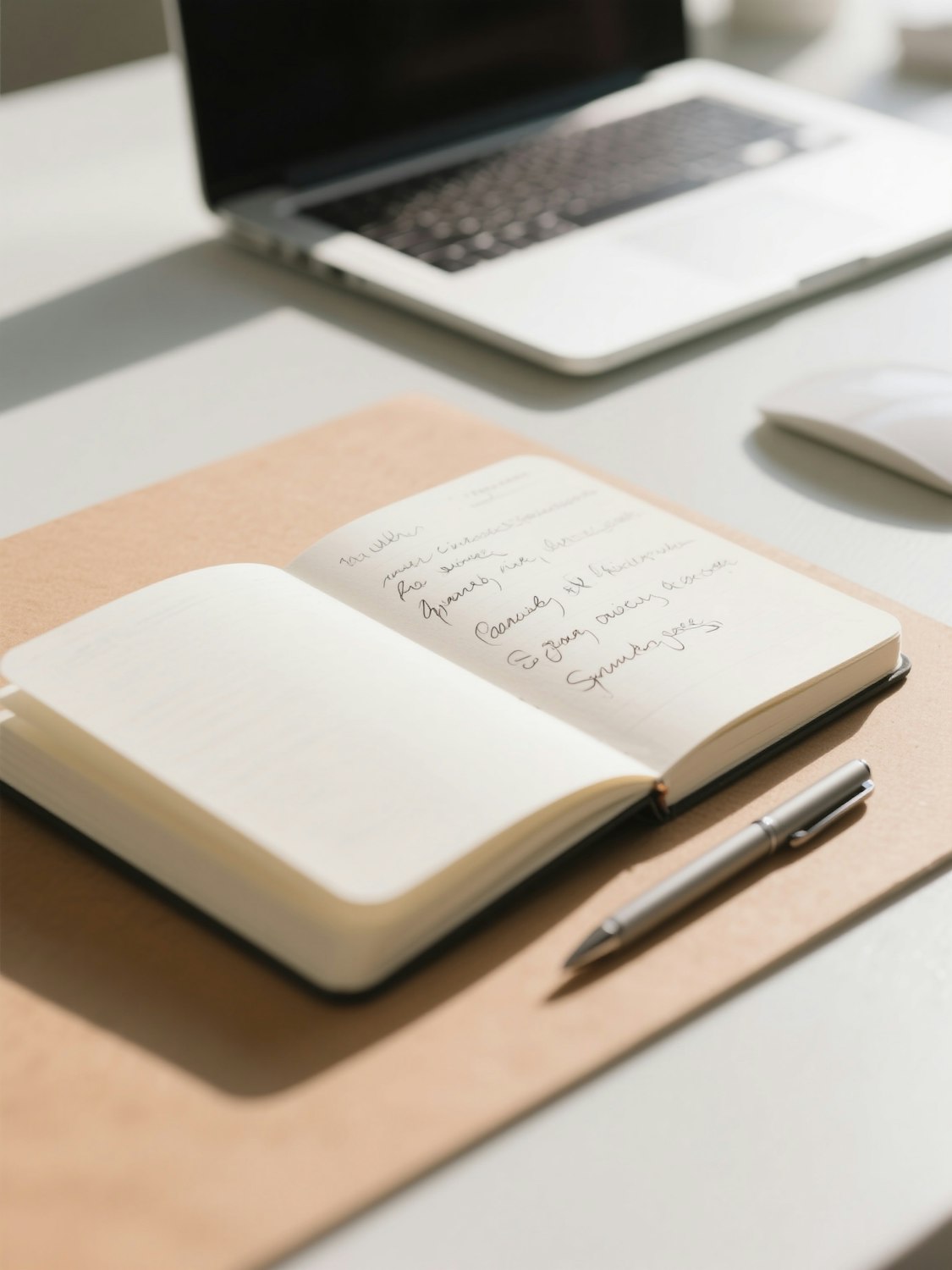 An open notebook with handwritten notes beside a laptop
