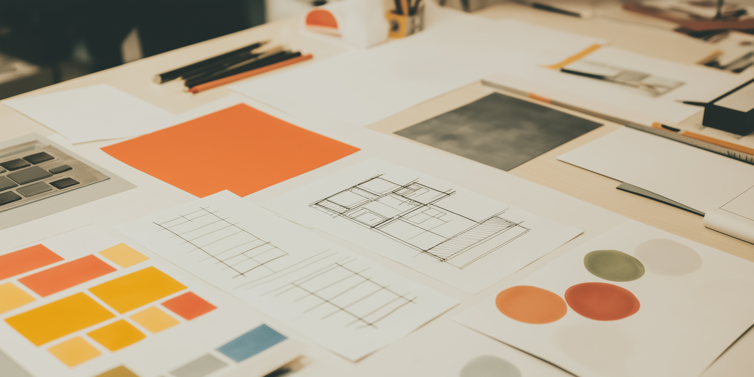 Sketches and colour swatches spread across a designer workspace
