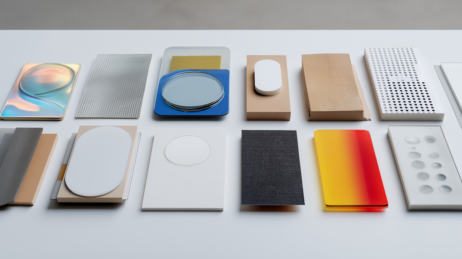 A collection of material and colour samples arranged on a white surface